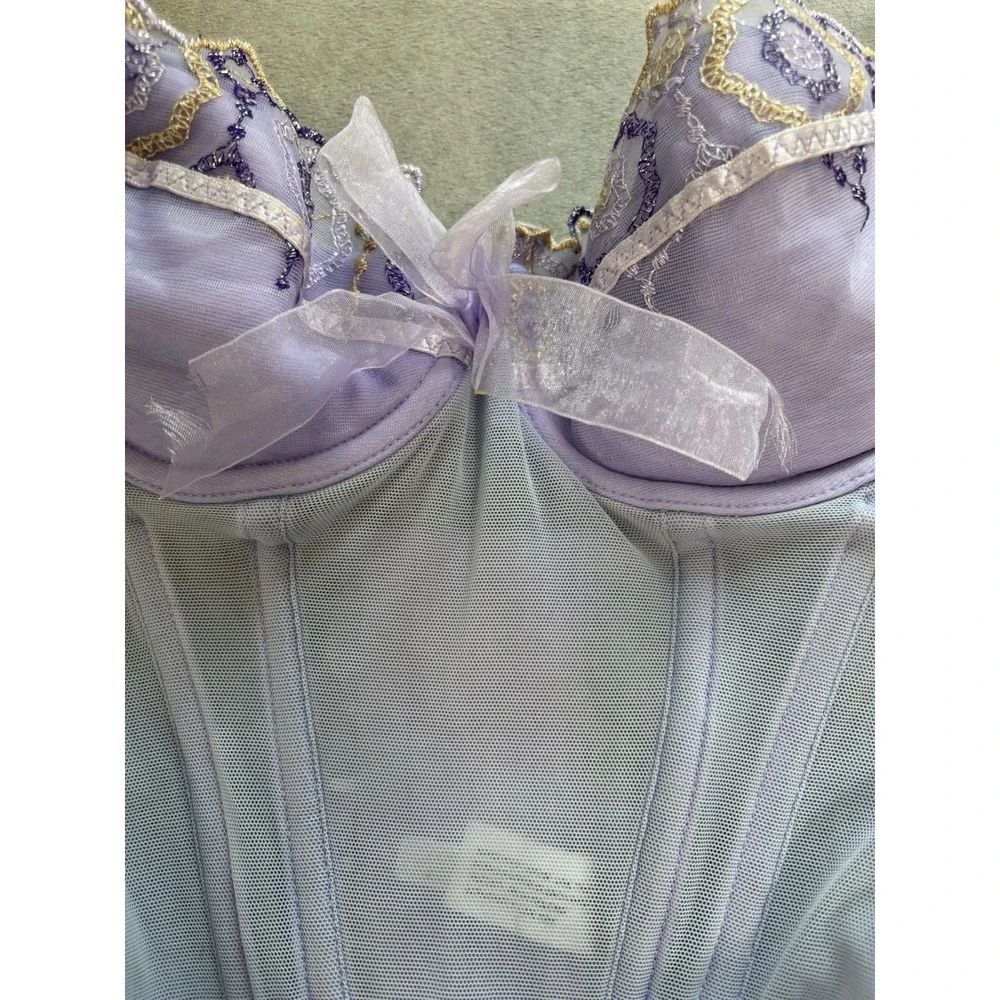 Y2K Lavender Lace Fairy Basque Waist Bustier Corset Sz 34B Sheer Mesh Romantic‎